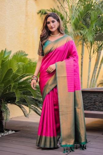 Women's Pink Faux Kanjivaram Silk Zari Woven Traditional Saree with Blouse