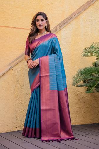 Women's Sky Blue Faux Kanjivaram Silk Zari Woven Traditional Saree with Blouse