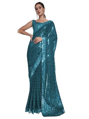 women's sequence work georgette teal saree with unstiched blouse piece 1