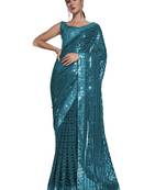 women's sequence work georgette teal saree with unstiched blouse piece