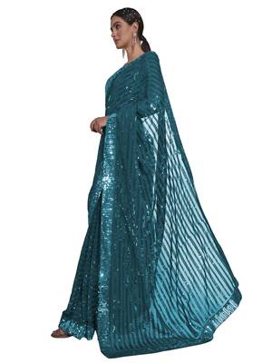 women's sequence work georgette teal saree with unstiched blouse piece 2