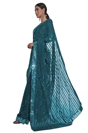 women's sequence work georgette teal saree with unstiched blouse piece