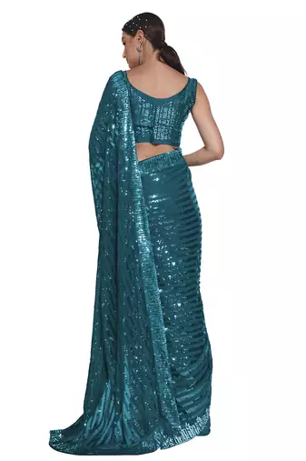 women's sequence work georgette teal saree with unstiched blouse piece