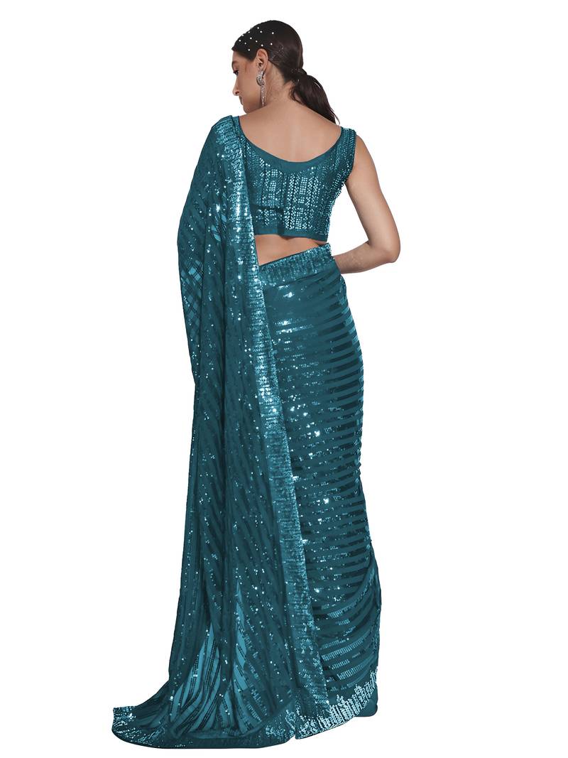 women's sequence work georgette teal saree with unstiched blouse piece