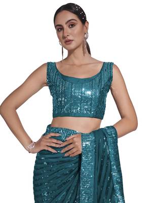 women's sequence work georgette teal saree with unstiched blouse piece 4
