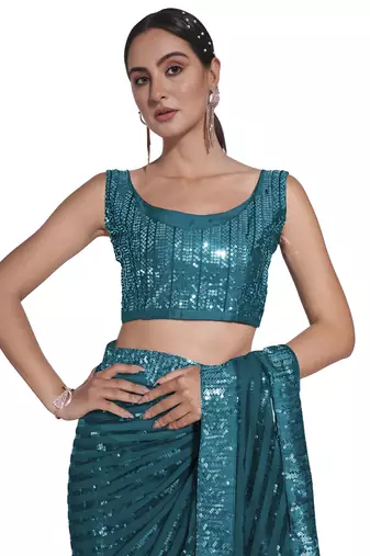 women's sequence work georgette teal saree with unstiched blouse piece