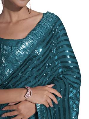 women's sequence work georgette teal saree with unstiched blouse piece 5