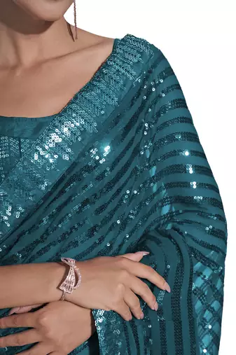 women's sequence work georgette teal saree with unstiched blouse piece