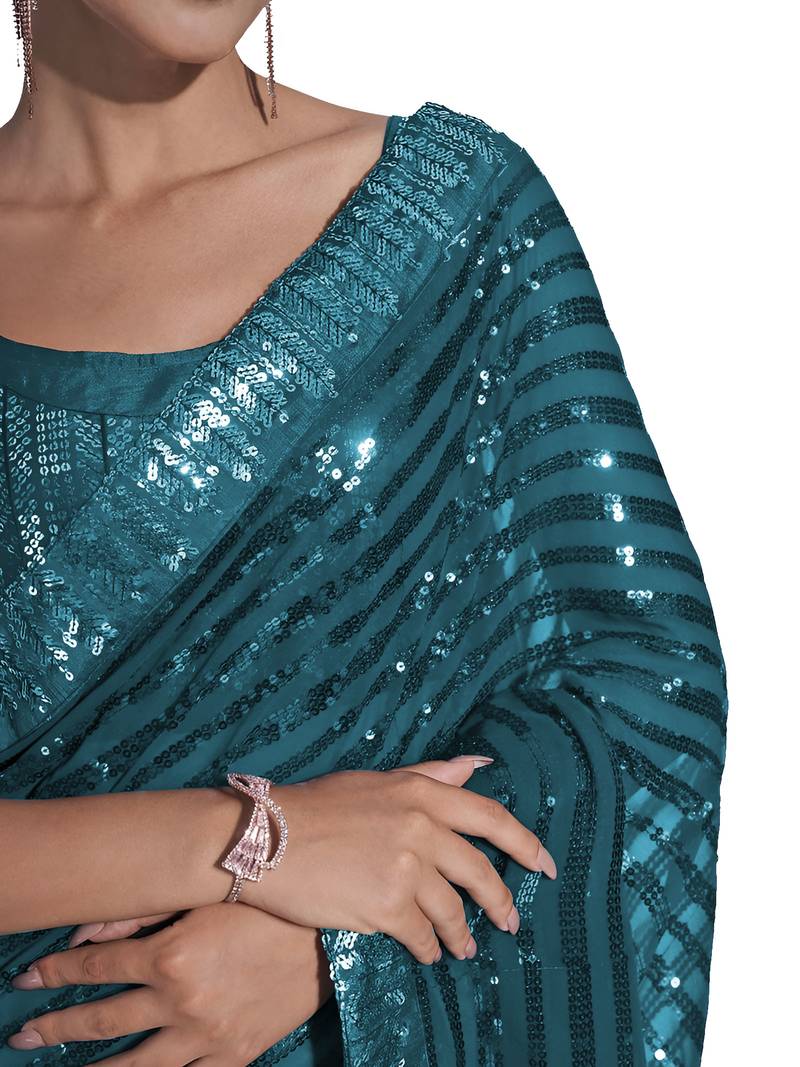 women's sequence work georgette teal saree with unstiched blouse piece