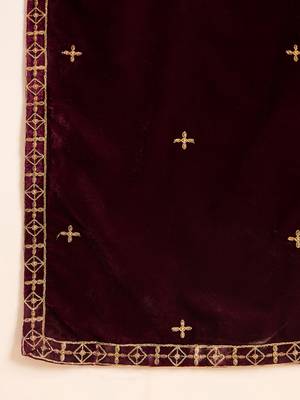 Women purple velvet solid embroidered straight kurta palazzos with dupatta 6