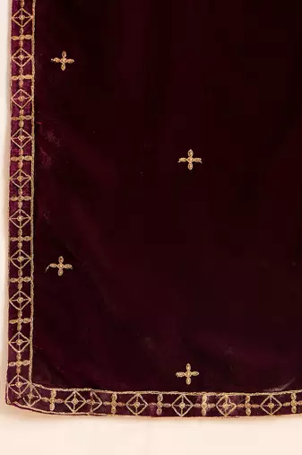 Women purple velvet solid embroidered straight kurta palazzos with dupatta