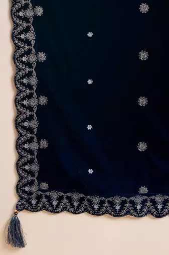 Women blue velvet solid embroidered straight kurta trousers with dupatta