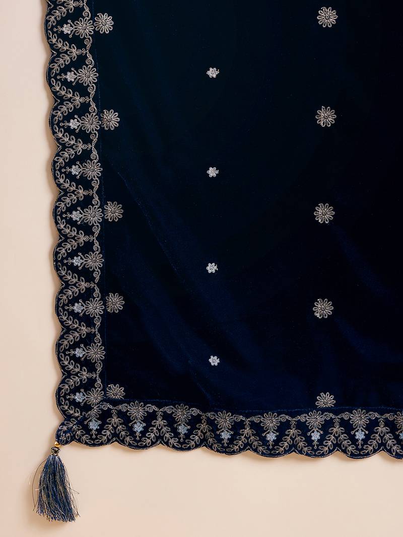 Women blue velvet solid embroidered straight kurta trousers with dupatta