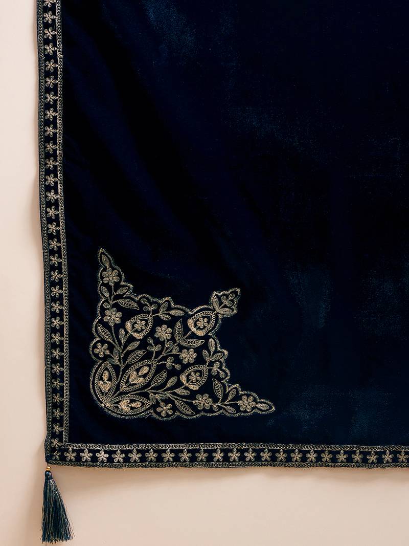 Women navy blue velvet solid embroidered straight kurta trousers with dupatta