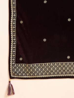Women purple velvet floral printed anarkali kurta trousers with dupatta 6