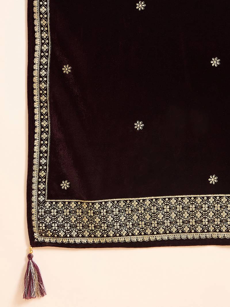 Women purple velvet floral printed anarkali kurta trousers with dupatta