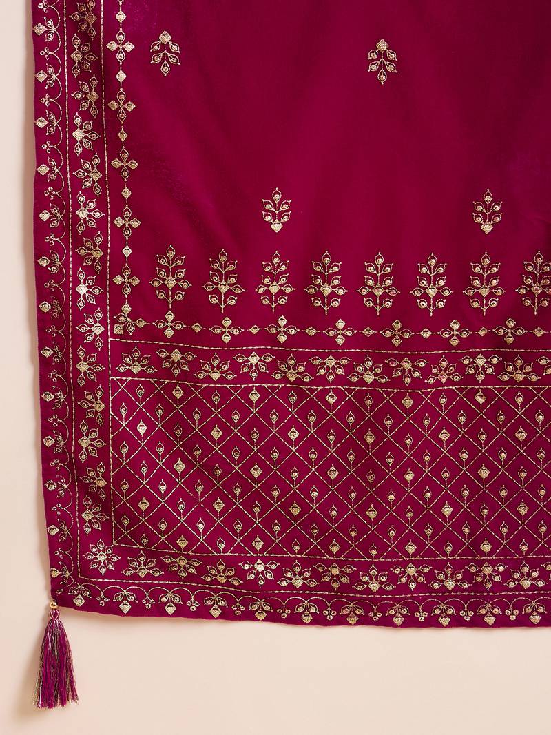Women pink velvet ethnic motifs printed straight kurta trousers with dupatta