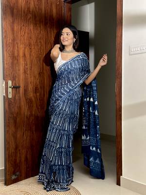 Navy Blue Cotton Printed Saree 5