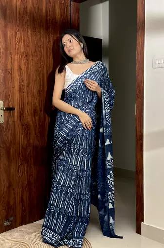 Navy Blue Cotton Printed Saree