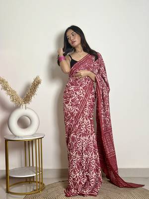 Bougainvillea - Cotton Mulmul - Handblock Dabu Saree 7