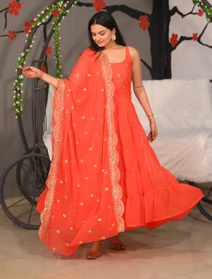 ORANGE GEORGETTE EMBROIDERY WORK STICHED SUIT SET 1