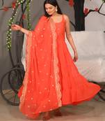 ORANGE GEORGETTE EMBROIDERY WORK STICHED SUIT SET