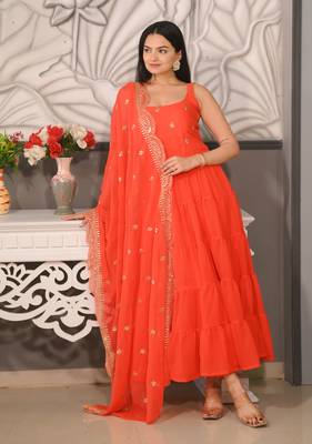 ORANGE GEORGETTE EMBROIDERY WORK STICHED SUIT SET 3