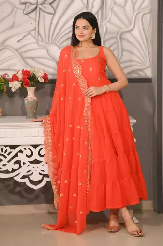 ORANGE GEORGETTE EMBROIDERY WORK STICHED SUIT SET