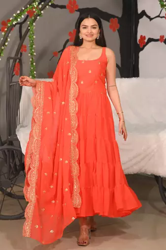ORANGE GEORGETTE EMBROIDERY WORK STICHED SUIT SET