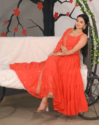 ORANGE GEORGETTE EMBROIDERY WORK STICHED SUIT SET 5