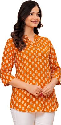 orange cotton printed short kurti top 1