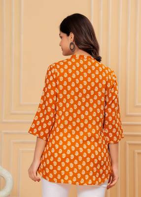 orange cotton printed short kurti top 2
