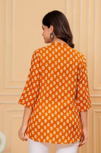 orange cotton printed short kurti top