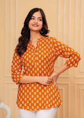 orange cotton printed short kurti top 3