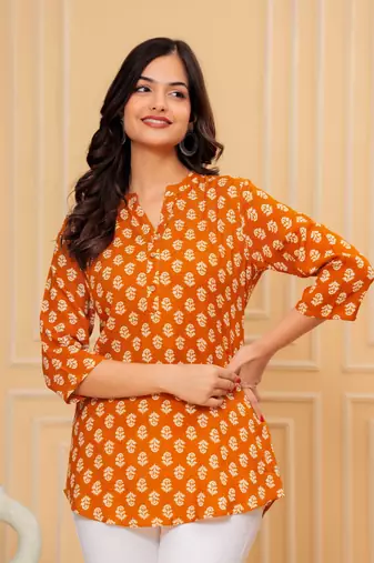 orange cotton printed short kurti top
