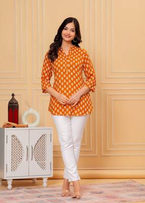 orange cotton printed short kurti top 4