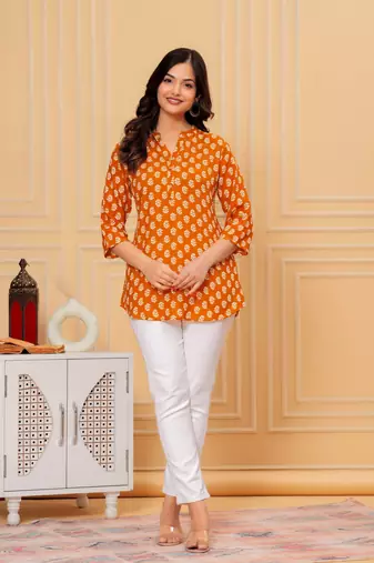 orange cotton printed short kurti top