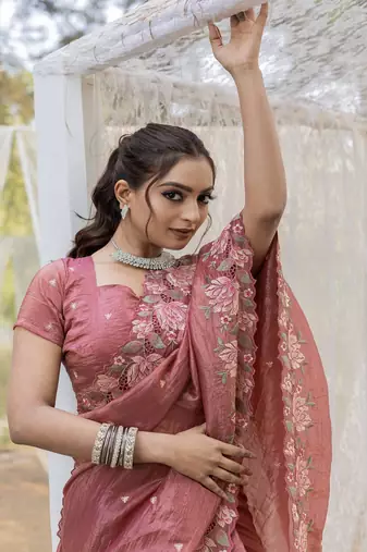 Pink Color Embroidery Designer Saree