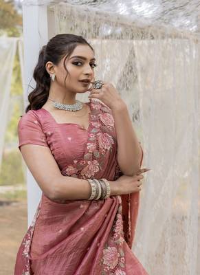 Pink Color Embroidery Designer Saree 3
