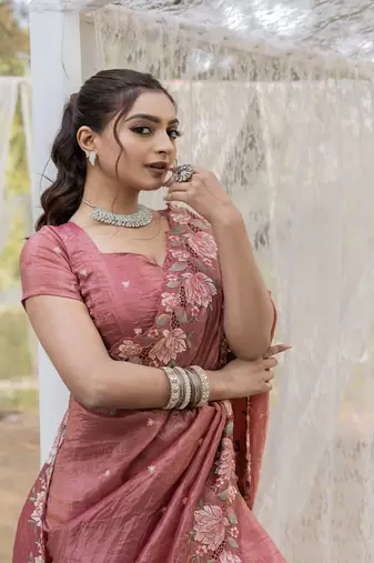 Pink Color Embroidery Designer Saree