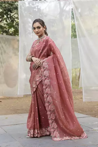 Pink Color Embroidery Designer Saree