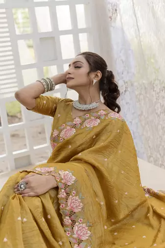 Yellow Color Embroidery Designer Saree