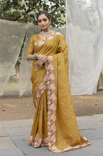 Yellow Color Embroidery Designer Saree
