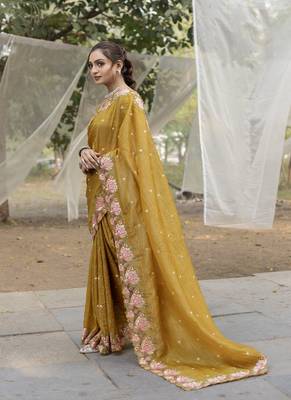 Yellow Color Embroidery Designer Saree 3