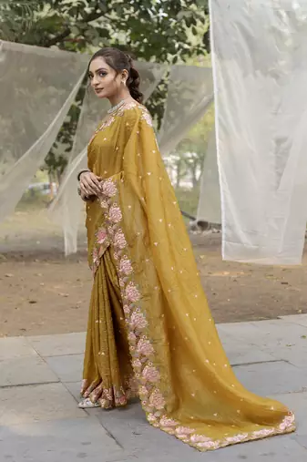 Yellow Color Embroidery Designer Saree