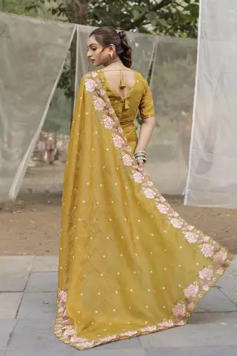 Yellow Color Embroidery Designer Saree