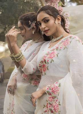 White Color Embroidery Designer Saree 2