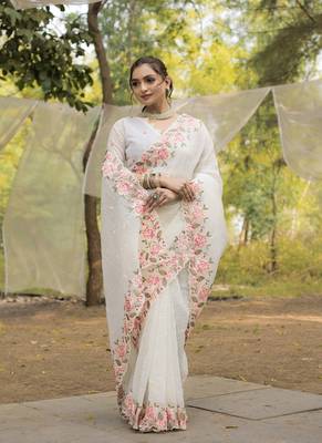 White Color Embroidery Designer Saree 1