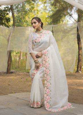 White Color Embroidery Designer Saree 3