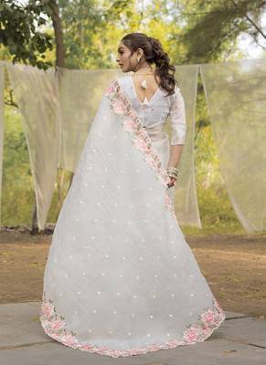 White Color Embroidery Designer Saree 4
